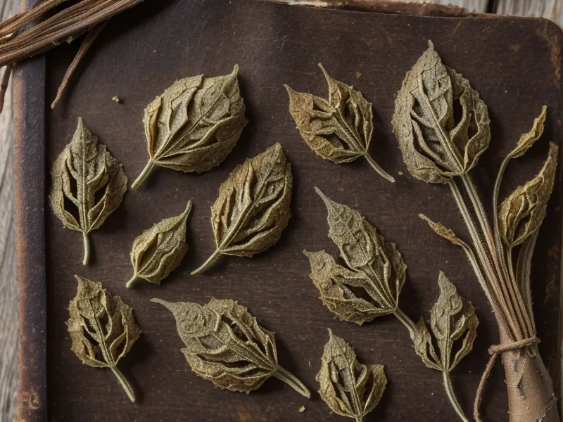 Hojas de salvia seca y raíz de ratania sobre un escritorio de estudio.