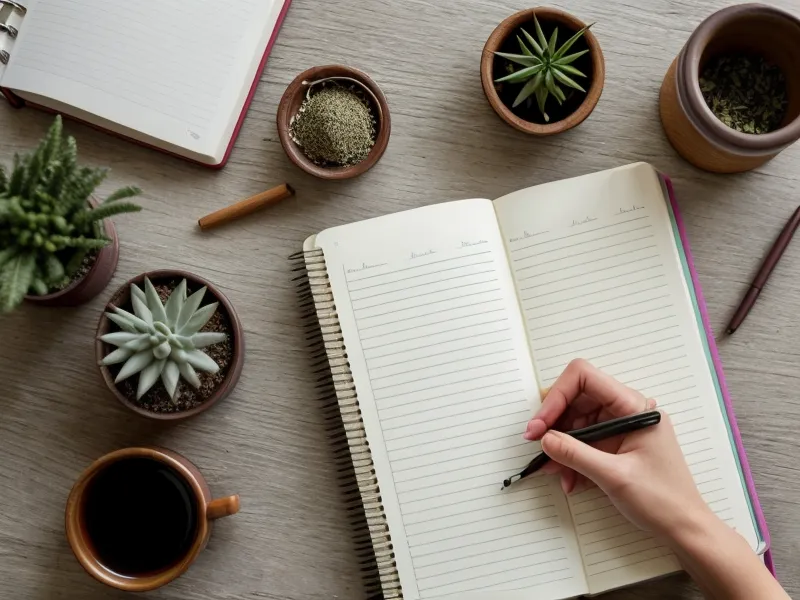 Mano escribiendo apuntes sobre plantas medicinales en un cuaderno